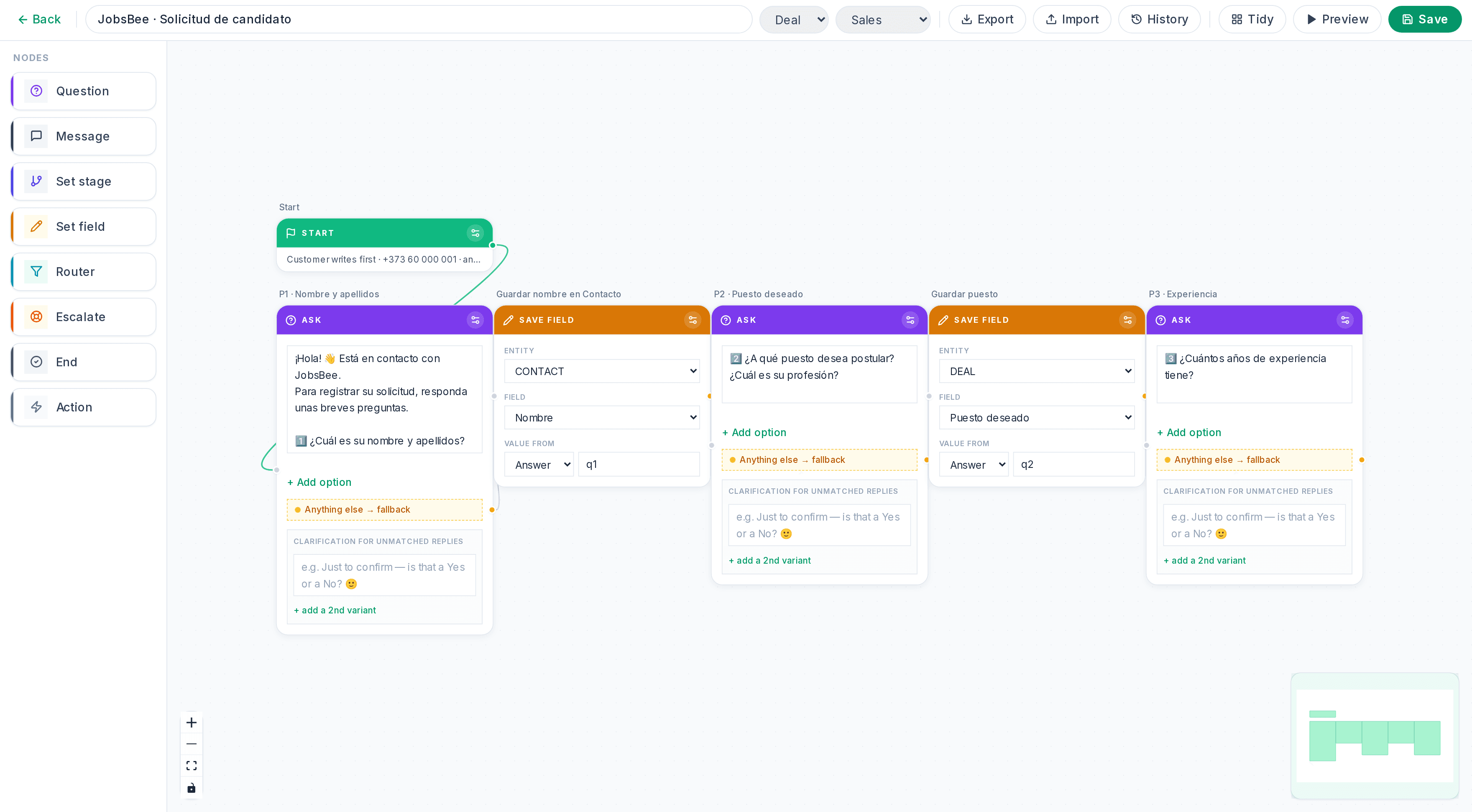 El editor visual de Chat Flows de WASync dentro de Bitrix24