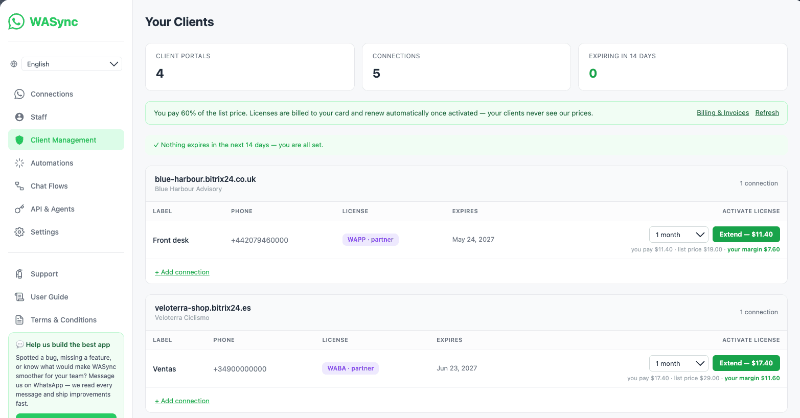WASync partner console in Bitrix24: client portals with their WhatsApp connections, licence type, expiry date and partner price per connection