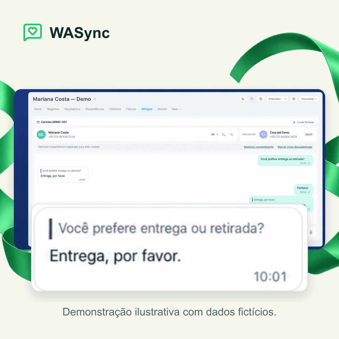 Visual do WASync em creme e verde, com uma interface demonstrativa de conversa no CRM. Um detalhe ampliado mostra Você prefere entrega ou retirada? e Entrega, por favor. Demonstração ilustrativa com dados fictícios.