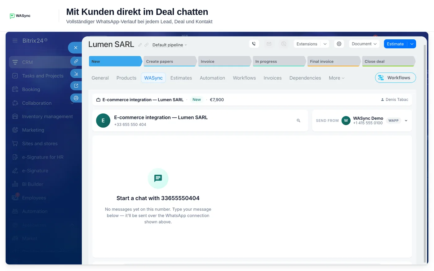 Tab WASync in einem Bitrix24-Deal mit dem WhatsApp-Chat und der Nummer, von der gesendet wird