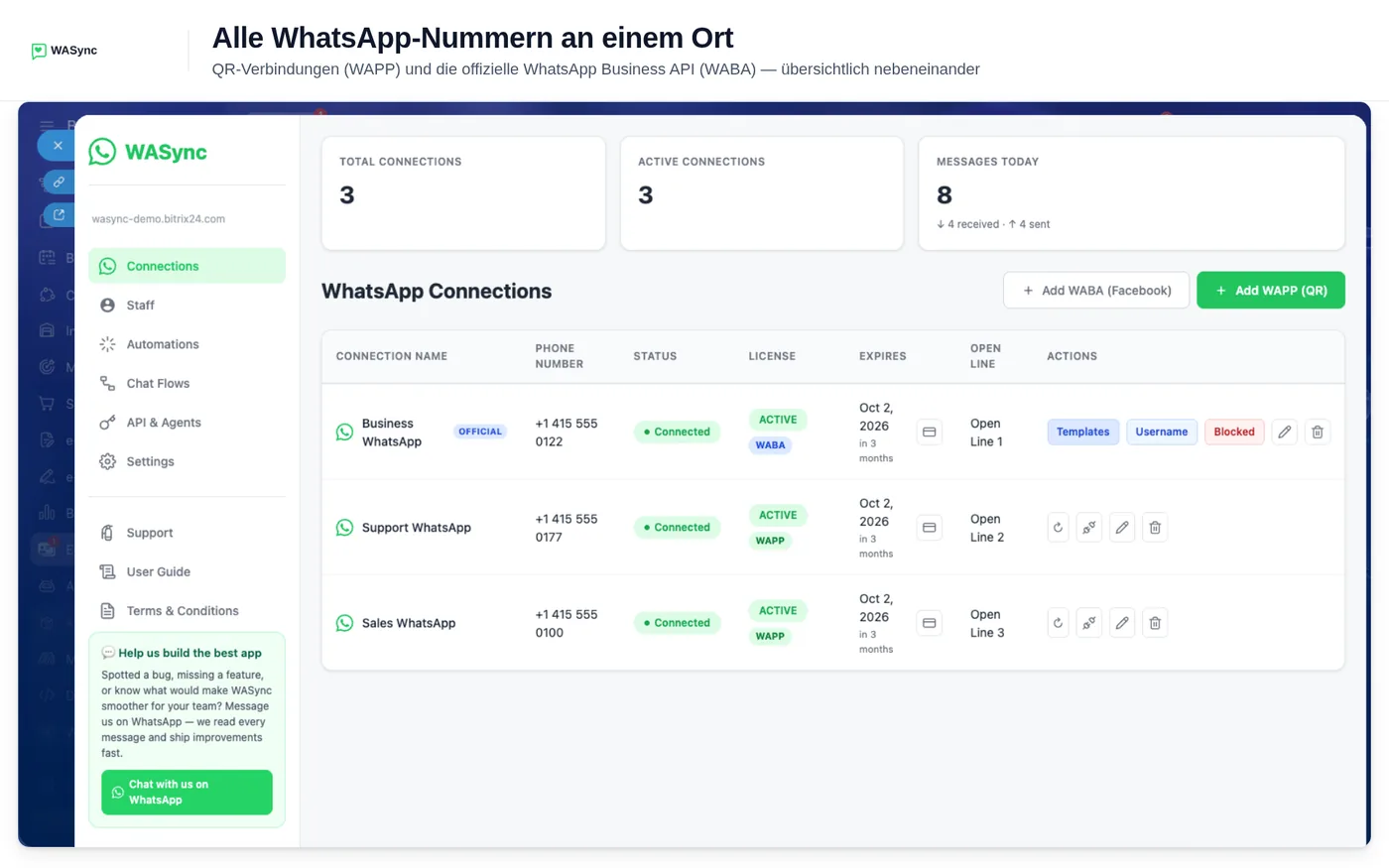 Seite Verbindungen von WASync in Bitrix24 mit den Schaltflächen zum Hinzufügen von WABA und WAPP und drei verbundenen WhatsApp-Nummern