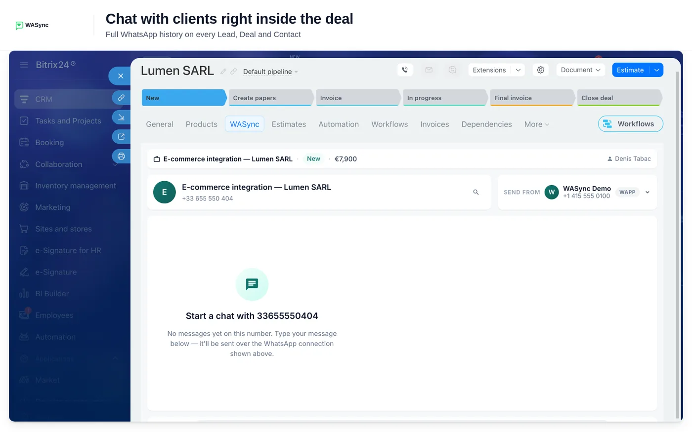 Tab WASync pada deal Bitrix24, dengan chat WhatsApp dan nomor yang dipakai untuk mengirim