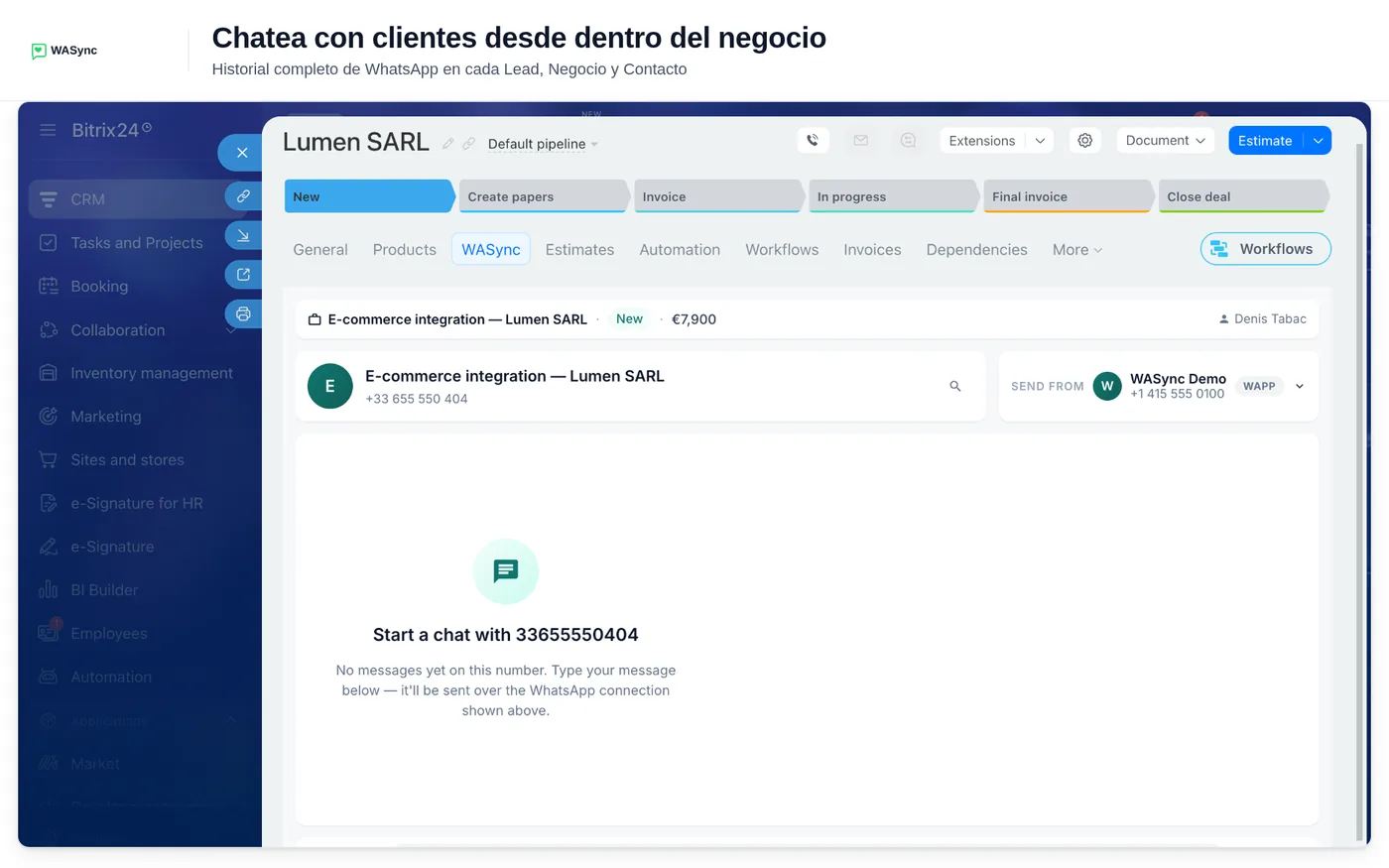 Pestaña WASync en una negociación de Bitrix24, con el chat de WhatsApp y el número desde el que se envía