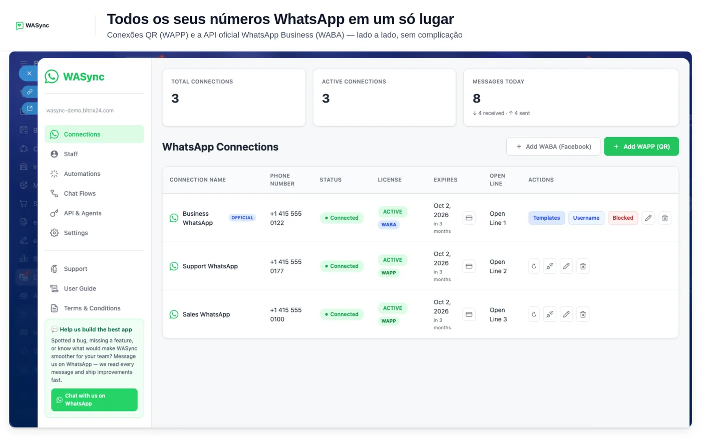 Página Conexões do WASync no Bitrix24 com os botões para adicionar WABA e WAPP e três números de WhatsApp conectados