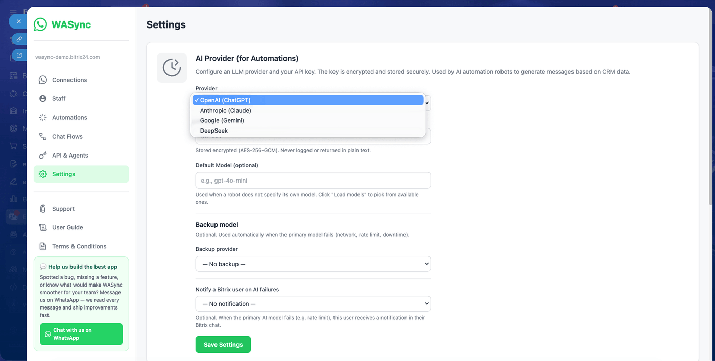 Tela de configurações de IA do WASync no Bitrix24 com a escolha do provedor de IA e do modelo reserva para a automação de WhatsApp