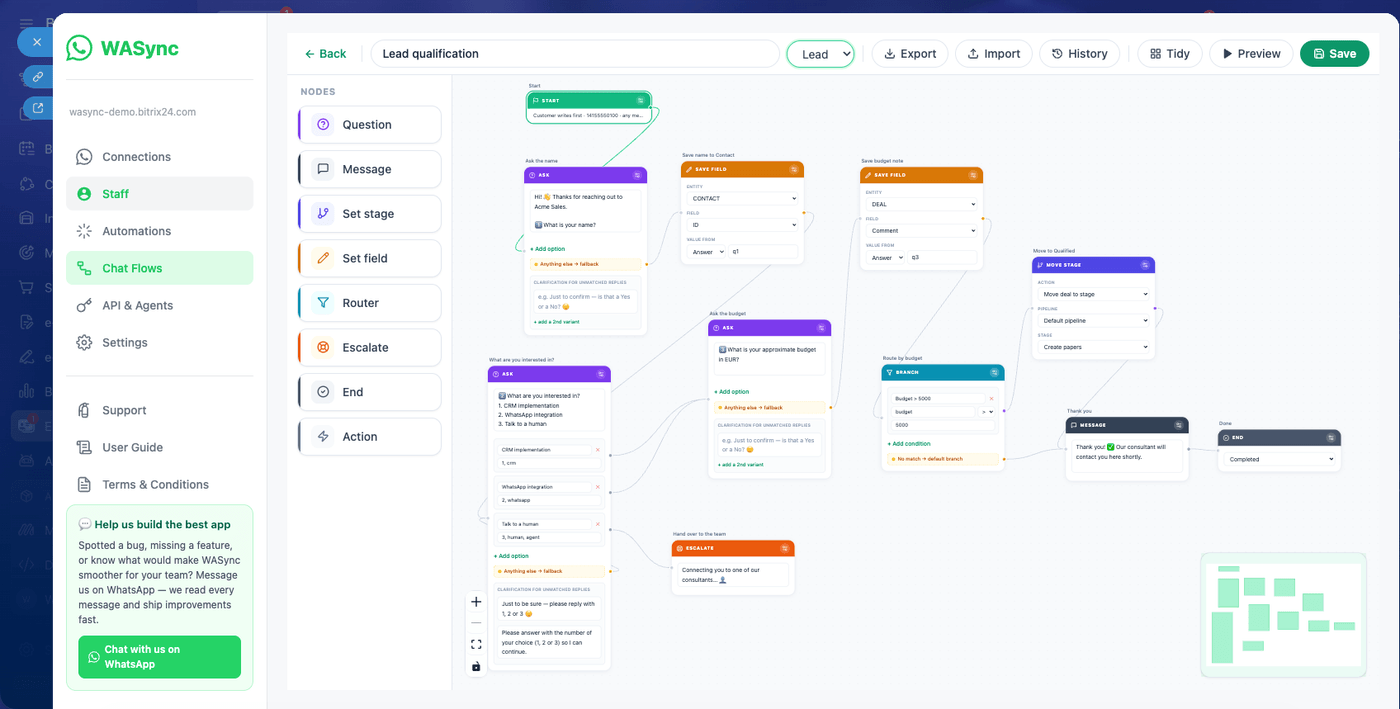 Construtor visual de fluxos de chat do WASync para chatbots de WhatsApp com blocos de pergunta, ramificação e campos do CRM conectados em um quadro